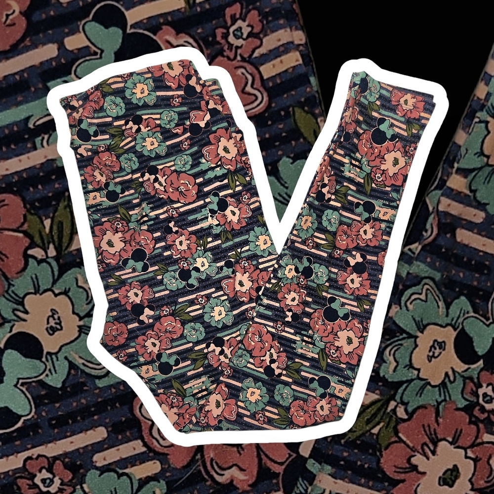 NWT Lularoe Disney Minnie Mouse Floral Striped Leggings Size TC 12-24